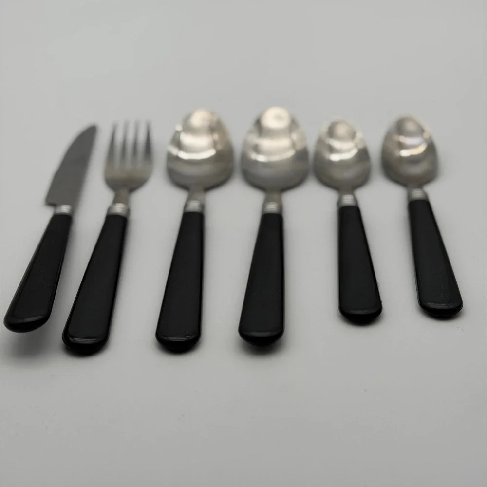 Gibson Stainless China 219 Flatware Set 6pc Black Plastic Handle Silver Rings